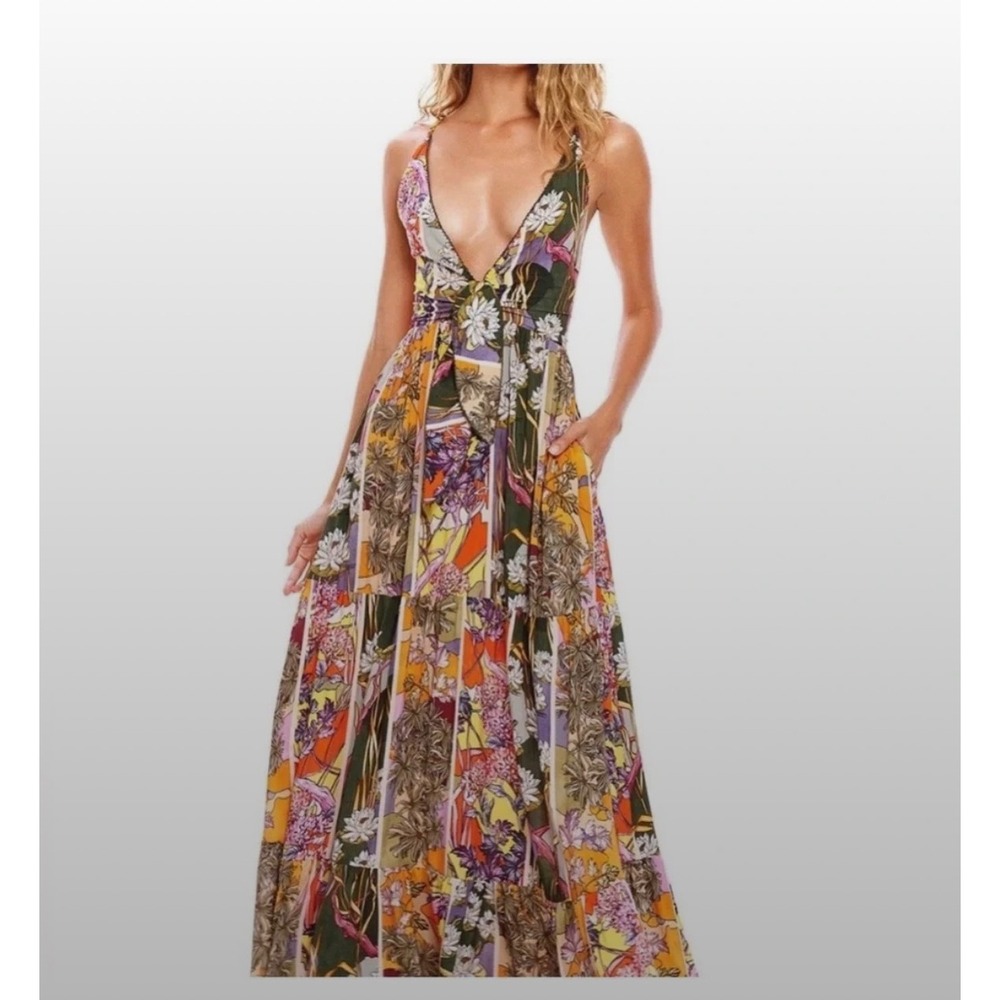 Agua Bendita Fairy Suki Floral Maxi Dress Multicolor Deep V-Neck Tassels M Beach